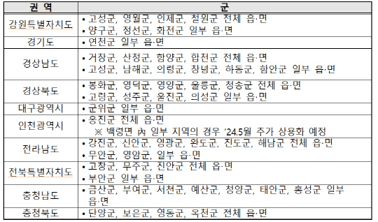 농어촌 5G 공동이용 3단계 상용화 대상 지역. 과기정통부 제공